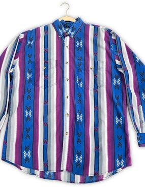 Express Riders Men's Western Vertical Striped Button-Down Shirt Purple Blue